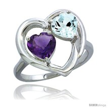 Size 7.5 - 14k White Gold 2-Stone Heart Ring 6mm Natural Amethyst &amp; Aquamarine  - $527.82