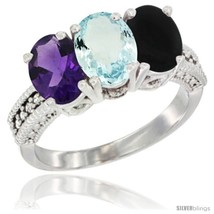 Size 9.5 - 14K White Gold Natural Amethyst, Aquamarine &amp; Black Onyx Ring  - £572.94 GBP