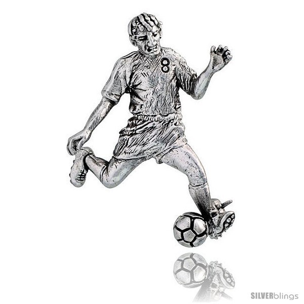 Primary image for Sterling Silver Soccer Player in Striker / Forwardin  Brooch Pin, 1 5/8in  (42 m
