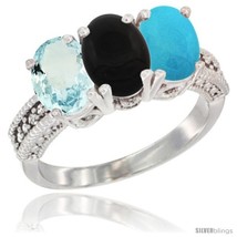 Size 5 - 10K White Gold Natural Aquamarine, Black Onyx &amp; Turquoise Ring 3-Stone  - £492.24 GBP