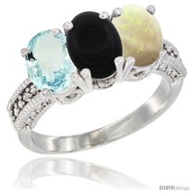 Size 6.5 - 10K White Gold Natural Aquamarine, Black Onyx &amp; Opal Ring 3-Stone  - £465.48 GBP