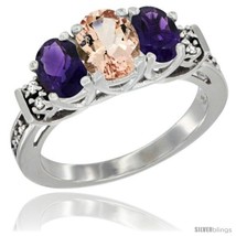 Size 5 - 14K White Gold Natural Morganite &amp; Amethyst Ring 3-Stone Oval with  - £590.18 GBP