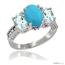 K white gold ladies natural turquoise oval 3 stone ring aquamarine sides diamond accent thumb200