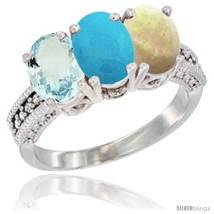 Size 5 - 10K White Gold Natural Aquamarine, Turquoise &amp; Opal Ring 3-Stone Oval  - £498.75 GBP