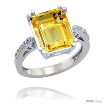 Size 7 - 14k White Gold Diamond Citrine Ring 5.83 ct Emerald Shape 12x10 Stone  - £580.77 GBP