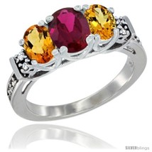 Size 9.5 - 14K White Gold Natural High Quality Ruby &amp; Citrine Ring 3-Stone Oval  - £568.01 GBP
