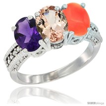Size 5 - 14K White Gold Natural Amethyst, Morganite &amp; Coral Ring 3-Stone 7x5 mm  - £581.78 GBP