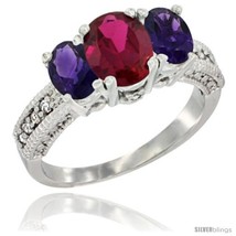 Size 9.5 - 14k White Gold Ladies Oval Natural Ruby 3-Stone Ring with Amethyst  - £562.02 GBP