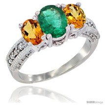 Size 5.5 - 14k White Gold Ladies Oval Natural Emerald 3-Stone Ring with Citrine  - £595.16 GBP