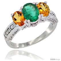 Size 5 - 14k White Gold Ladies Oval Natural Emerald 3-Stone Ring with Citrine  - £595.16 GBP