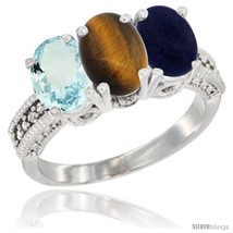 Size 9 - 10K White Gold Natural Aquamarine, Tiger Eye &amp; Lapis Ring 3-Stone Oval  - £465.10 GBP