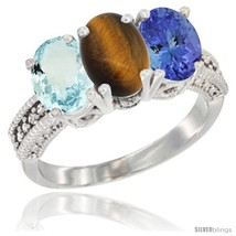 Size 10 - 10K White Gold Natural Aquamarine, Tiger Eye &amp; Tanzanite Ring 3-Stone  - £507.74 GBP