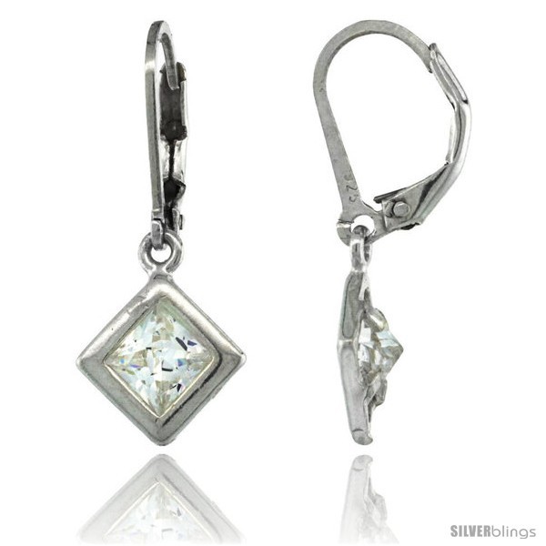 Primary image for Sterling Silver 6mm Square CZ Lever Back Earrings 1 1/16 in. (27 mm) 