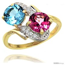 Size 5.5 - 14k Gold ( 7 mm ) Double Stone Engagement Swiss Blue &amp; Pink T... - £494.24 GBP
