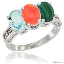 Size 8 - 10K White Gold Natural Aquamarine, Coral &amp; Malachite Ring 3-Stone Oval  - £469.38 GBP