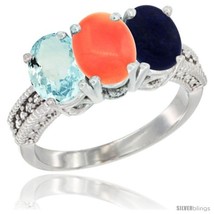 Size 5 - 10K White Gold Natural Aquamarine, Coral &amp; Lapis Ring 3-Stone Oval 7x5  - £469.38 GBP