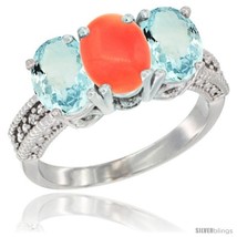 Size 7 - 10K White Gold Natural Coral &amp; Aquamarine Sides Ring 3-Stone Oval 7x5  - £504.54 GBP