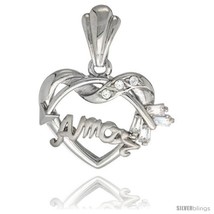 Sterling Silver AMOR w/ Cupid&#39;s Bow Pendant CZ Stones Rhodium Finished, 3/4 in  - £31.39 GBP