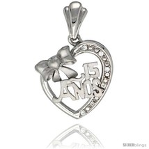 Sterling Silver Quinceanera 15 ANOS w/ Bow Heart Pendant CZ Stones Rhodium  - £50.26 GBP