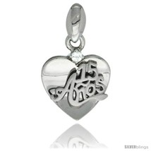 Sterling Silver Quinceanera 15 ANOS Heart Pendant CZ Stones Rhodium Finished,  - £18.46 GBP