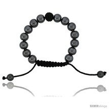 Adjustable Unisex Hematite Macrame Bead Bracelet w/ Black Crystal Disco Ball,  - £12.72 GBP