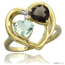 Size 6 - 10k Yellow Gold 2-Stone Heart Ring 6mm Natural Green Amethyst &amp; Smoky  - £251.57 GBP