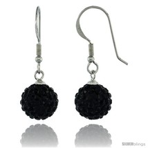 Sterling Silver 10mm Round Black Disco Crystal Ball Fish Hook Earrings, 1 1/4  - $32.19
