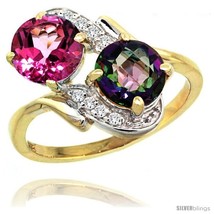 Size 5.5 - 14k Gold ( 7 mm ) Double Stone Engagement Pink &amp; Mystic Topaz Ring  - £495.17 GBP