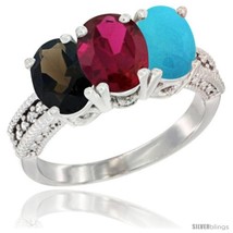 Size 7 - 10K White Gold Natural Smoky Topaz, Ruby &amp; Turquoise Ring 3-Stone Oval  - $583.65