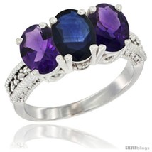 Size 7 - 14K White Gold Natural Blue Sapphire &amp; Amethyst Ring 3-Stone 7x5 mm  - £613.82 GBP