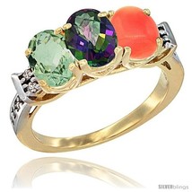 Size 8.5 - 10K Yellow Gold Natural Green Amethyst, Mystic Topaz &amp; Coral Ring  - £412.35 GBP