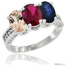 Size 7.5 - 10K White Gold Natural Morganite, Ruby &amp; Blue Sapphire Ring 3-Stone  - $652.53