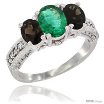 Size 9 - 10K White Gold Ladies Oval Natural Emerald 3-Stone Ring with Smoky  - £471.44 GBP