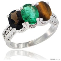 Size 6.5 - 10K White Gold Natural Smoky Topaz, Emerald &amp; Tiger Eye Ring 3-Stone  - £450.85 GBP