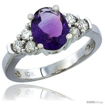 Size 10 - 14k White Gold Ladies Natural Amethyst Ring oval 9x7 Stone Diamond  - £778.86 GBP