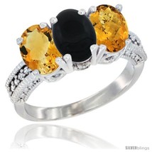 Size 5 - 14K White Gold Natural Citrine, Black Onyx &amp; Whisky Quartz Ring  - £547.47 GBP