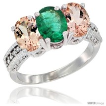 Size 6.5 - 10K White Gold Natural Emerald &amp; Morganite Sides Ring 3-Stone Oval  - £525.20 GBP