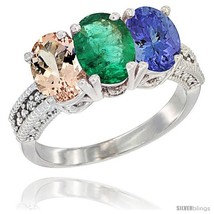 Size 7.5 - 10K White Gold Natural Morganite, Emerald &amp; Tanzanite Ring 3-Stone  - £540.62 GBP