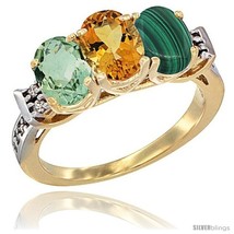 Size 9 - 10K Yellow Gold Natural Green Amethyst, Citrine &amp; Malachite Ring  - £439.73 GBP