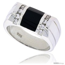 Size 10 - Sterling Silver Gents&#39; Beveled-Rectangular Black Onyx Ring, w/ 2  - £103.71 GBP