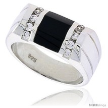 Size 11 - Sterling Silver Gents&#39; Beveled-Rectangular Black Onyx Ring, w/ 2  - £105.39 GBP