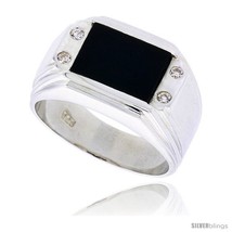 Size 10 - Sterling Silver Gents&#39; Rectangular Black Onyx Ring, w/ Double-Groove  - £104.16 GBP