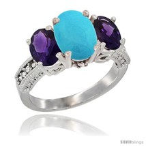 Size 6.5 - 14K White Gold Ladies 3-Stone Oval Natural Turquoise Ring with  - £668.73 GBP