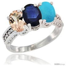 Size 9.5 - 10K White Gold Natural Morganite, Blue Sapphire &amp; Turquoise Ring  - £542.89 GBP