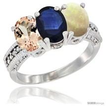 Size 7.5 - 10K White Gold Natural Morganite, Blue Sapphire &amp; Opal Ring 3-Stone  - £513.59 GBP