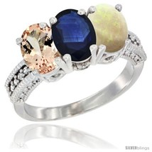 White gold natural morganite blue sapphire opal ring 3 stone oval 7x5 mm diamond accent thumb200