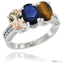 Size 5.5 - 10K White Gold Natural Morganite, Blue Sapphire &amp; Tiger Eye Ring  - £507.16 GBP
