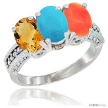 Size 7 - 14K White Gold Natural Citrine, Turquoise &amp; Coral Ring 3-Stone 7x5 mm  - £577.49 GBP