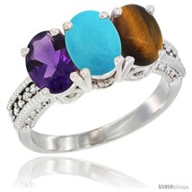 Size 10 - 14K White Gold Natural Amethyst, Turquoise &amp; Tiger Eye Ring 3-Stone  - $734.02