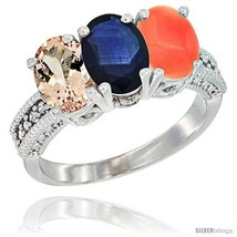 Size 9 - 10K White Gold Natural Morganite, Blue Sapphire &amp; Coral Ring 3-Stone  - £497.96 GBP